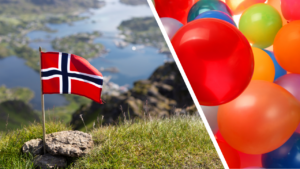 Norsk flagg og ballonger.